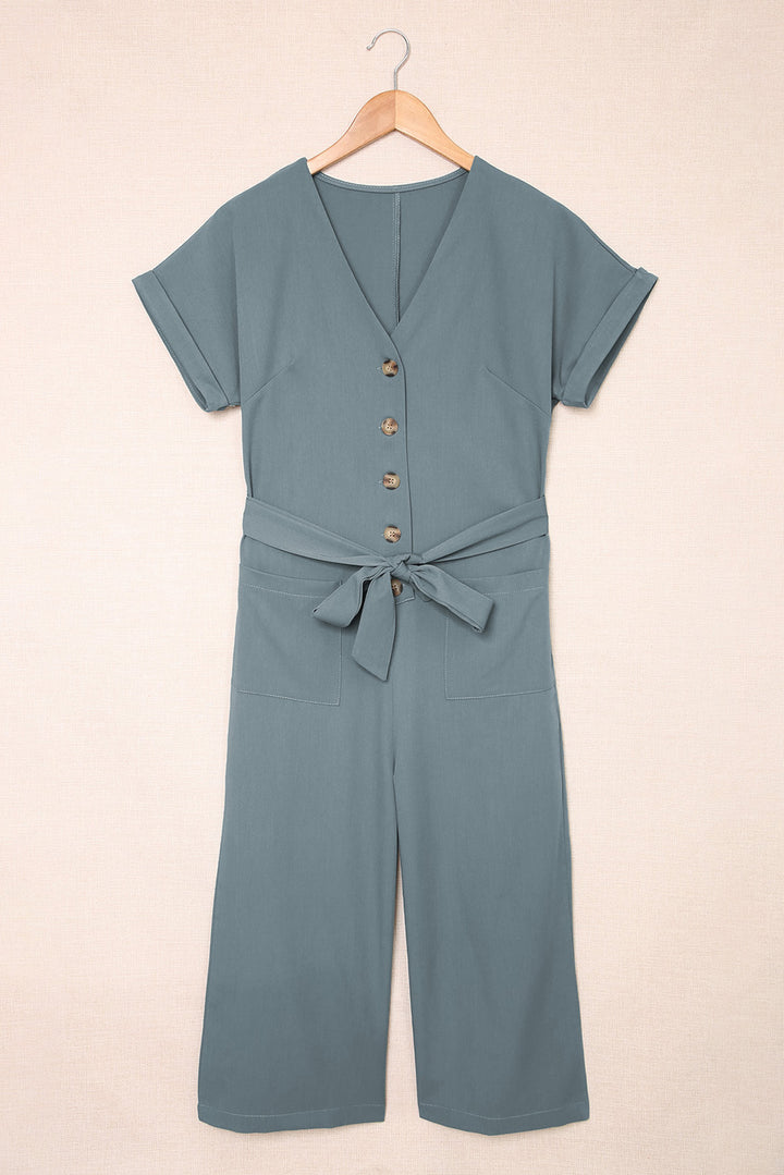 Tie-Waist Buttoned Cropped Jumpsuit - Cheeky Chic Boutique