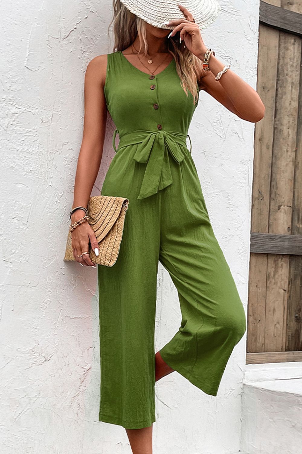 Tie Belt Sleeveless Jumpsuit with Pockets - Cheeky Chic Boutique