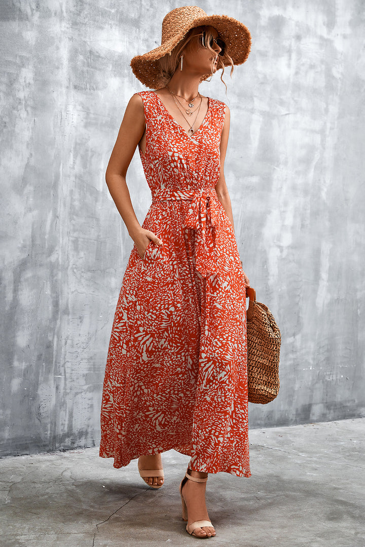Printed V-Neck Tie Waist Maxi Dress - Cheeky Chic Boutique