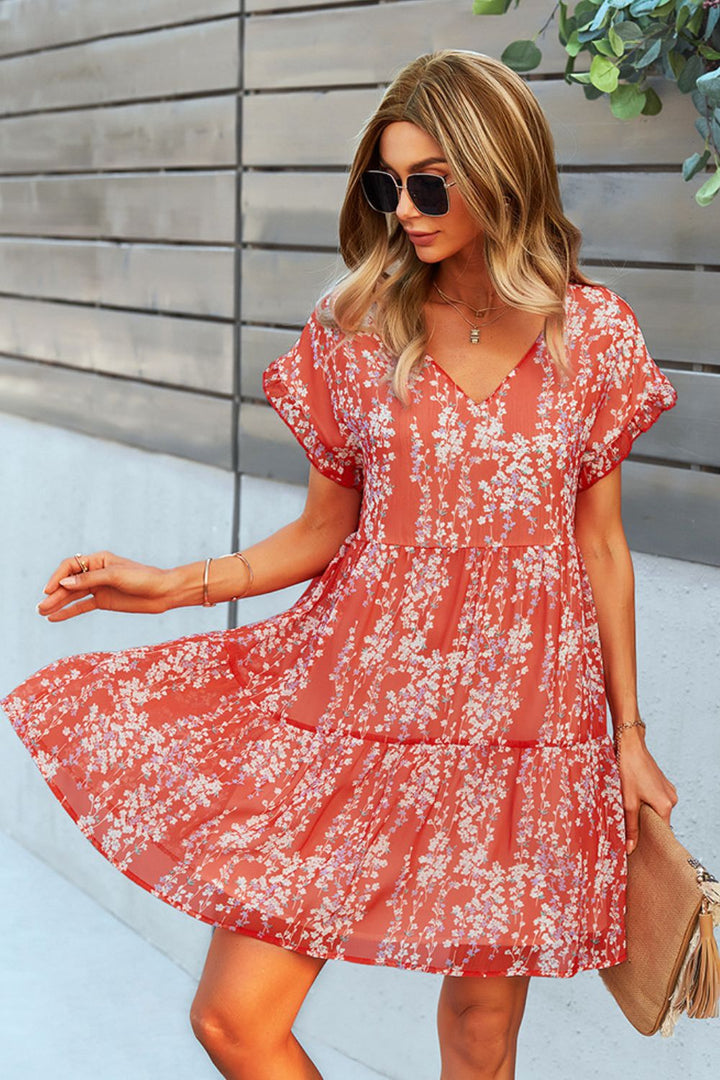 Printed V-Neck Short Sleeve Tiered Dress - Cheeky Chic Boutique