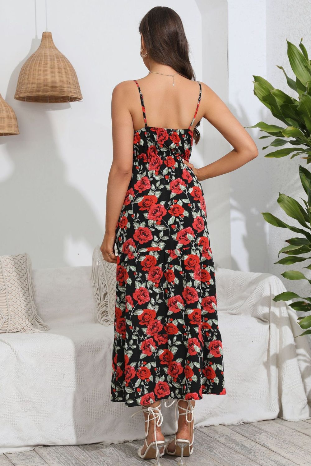 Rose Print Spaghetti Strap Sweetheart Neck Dress - Cheeky Chic Boutique