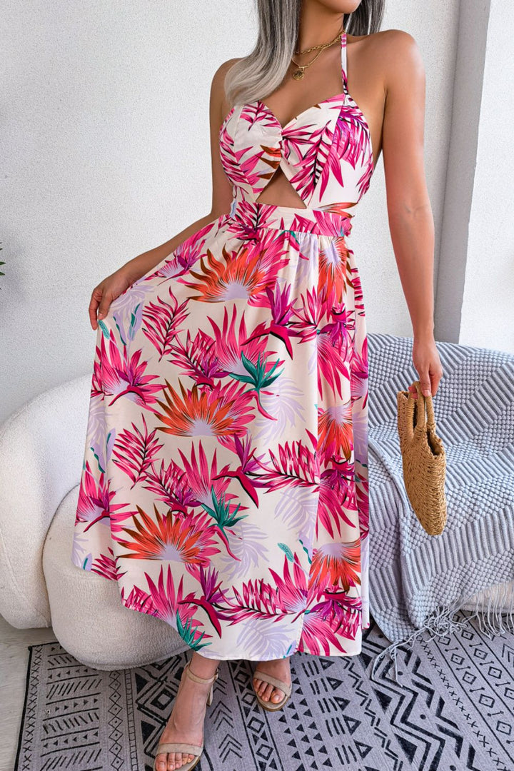 PRE-ORDER Botanical Print Tied Backless Cutout Slit Dress - Cheeky Chic Boutique