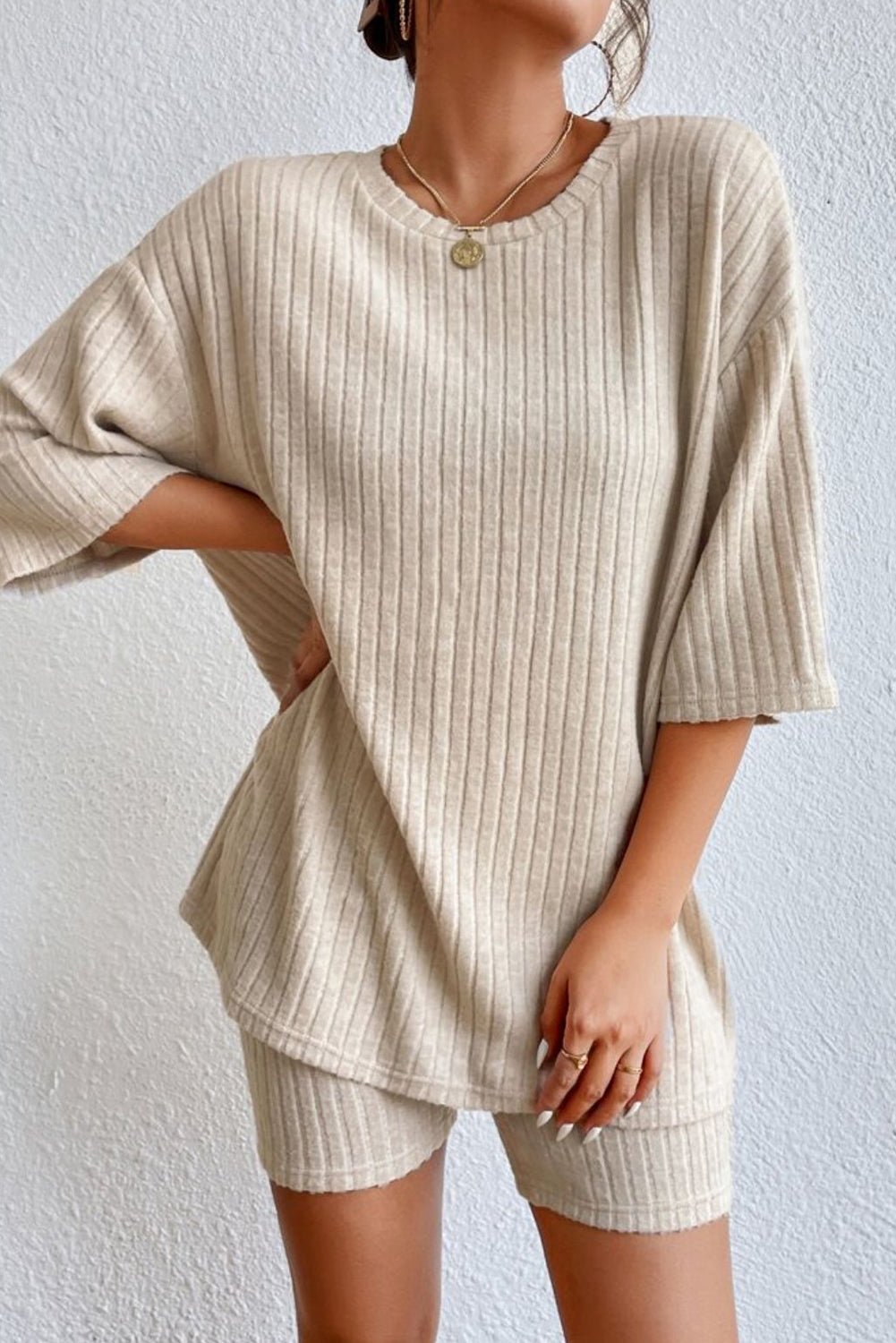Round Neck Ribbed Top and Shorts Lounge Set - Cheeky Chic Boutique