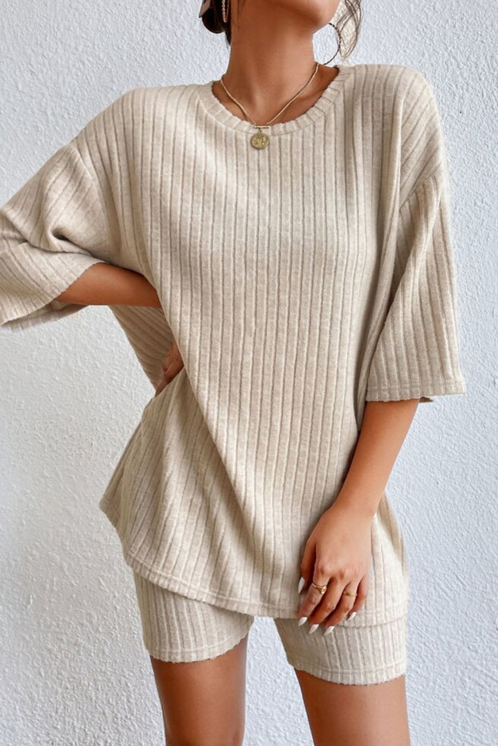 Round Neck Ribbed Top and Shorts Lounge Set - Cheeky Chic Boutique