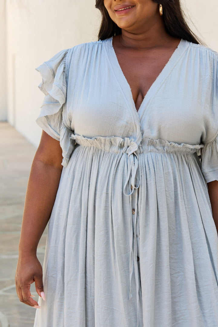 Sweet Lovely By Jen Full Size Drawstring Deep V Butterfly Sleeve Maxi Dress - Cheeky Chic Boutique