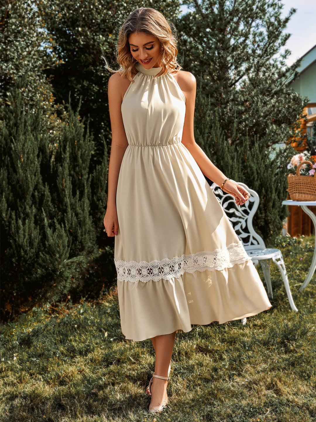 Grecian Neck Spliced Lace Midi Dress - Cheeky Chic Boutique
