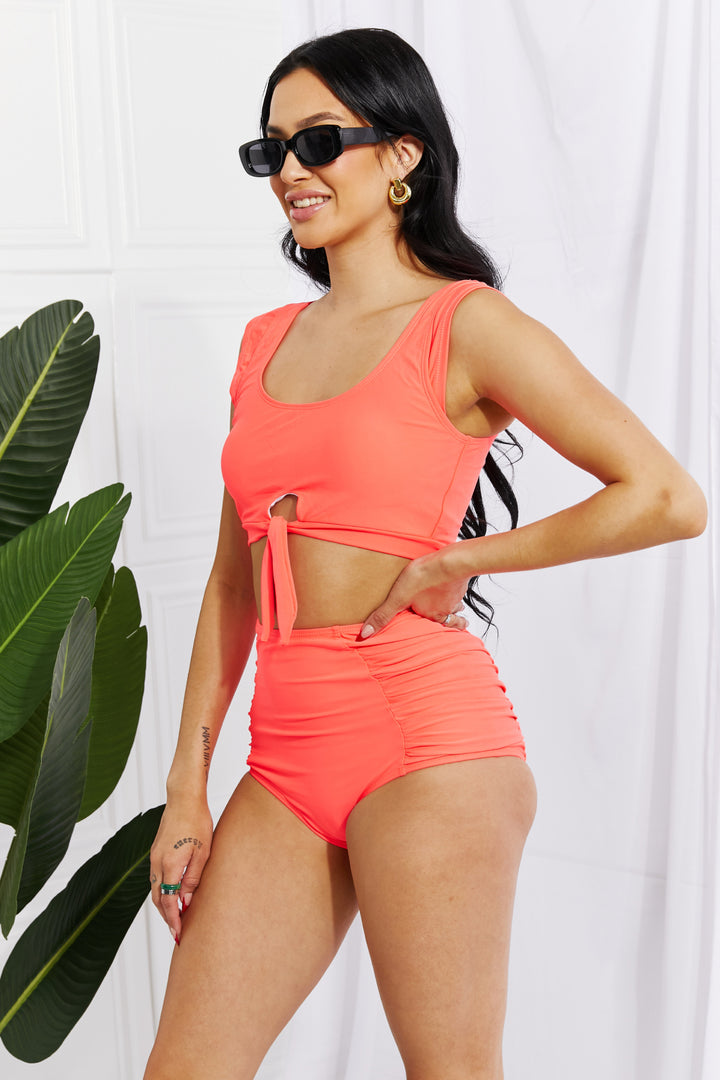 Marina West Swim Sanibel Crop Swim Top and Ruched Bottoms Set in Coral - Cheeky Chic Boutique