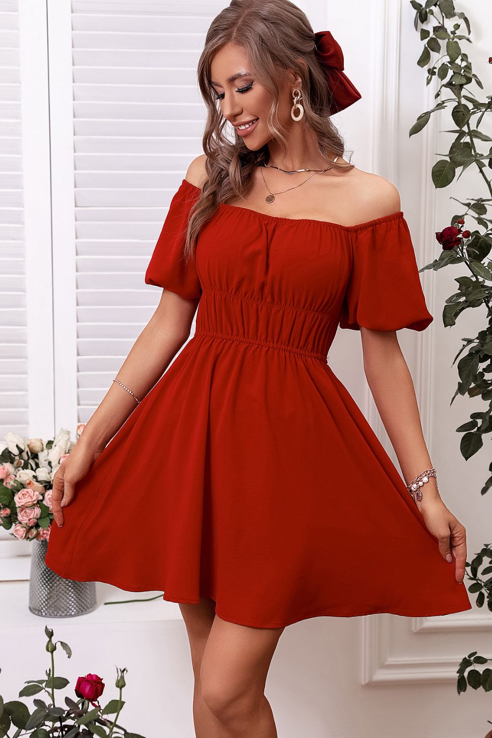 Off-Shoulder A-Line Mini Dress - Cheeky Chic Boutique