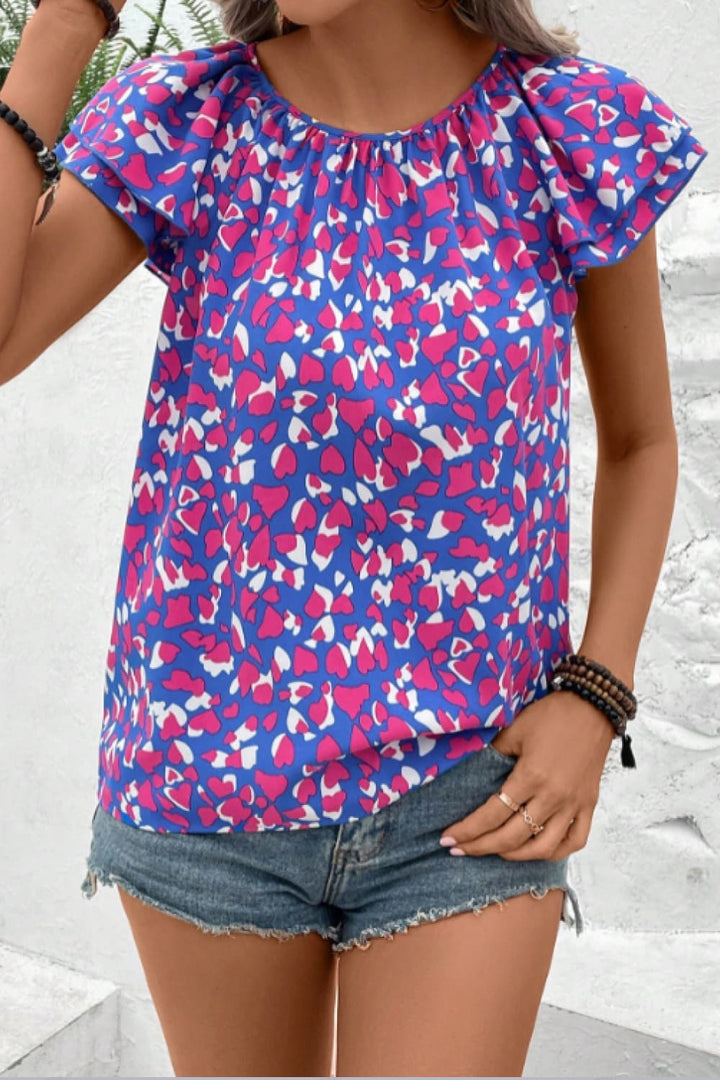 Printed Round Neck Flutter Sleeve Blouse - Cheeky Chic Boutique