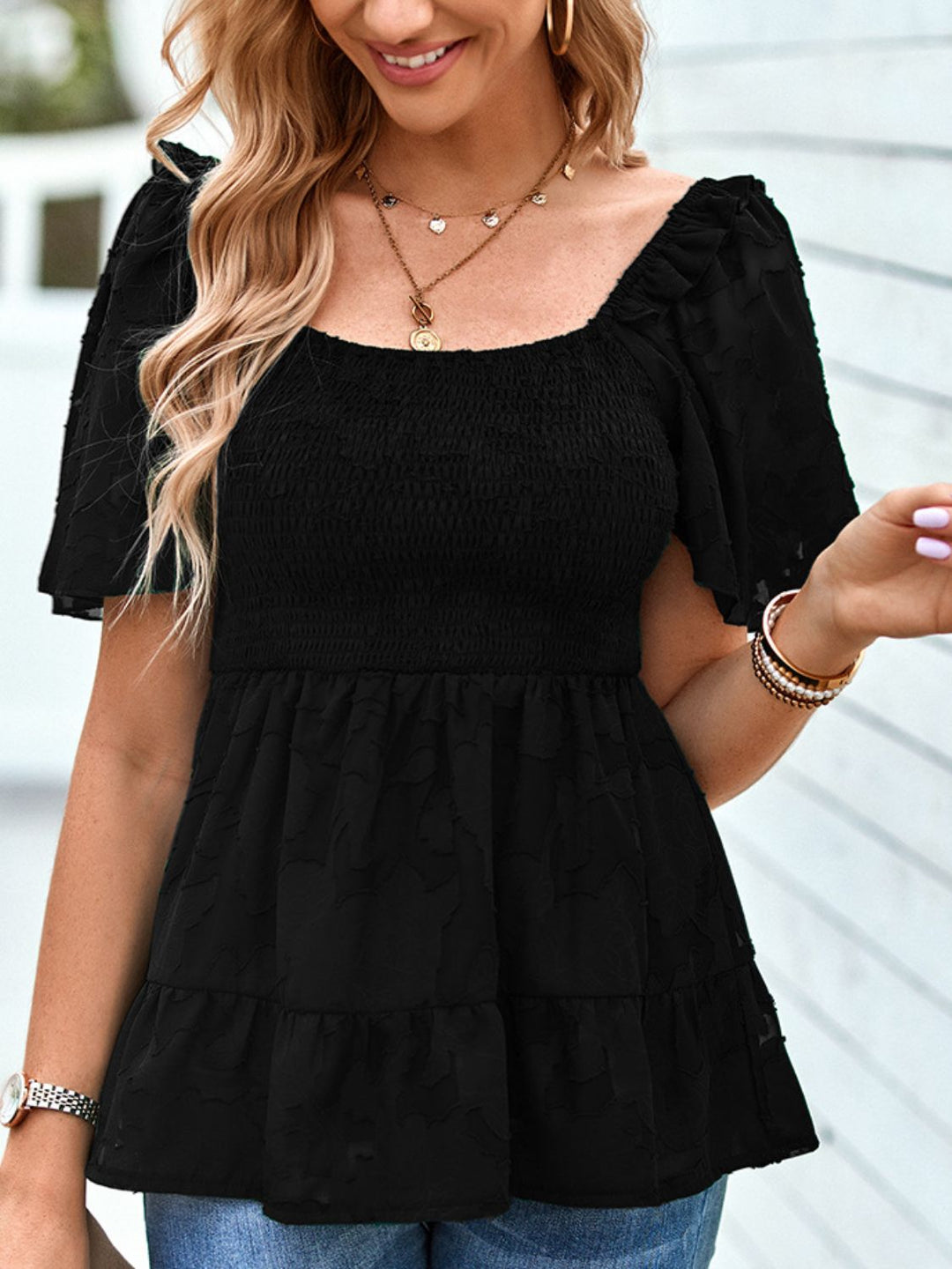 Smocked Square Neck Babydoll Blouse - Cheeky Chic Boutique