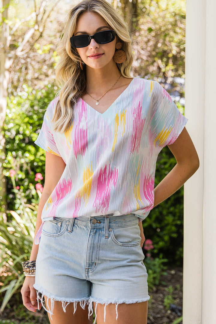 High-Low V-Neck Short Sleeve Blouse - Cheeky Chic Boutique