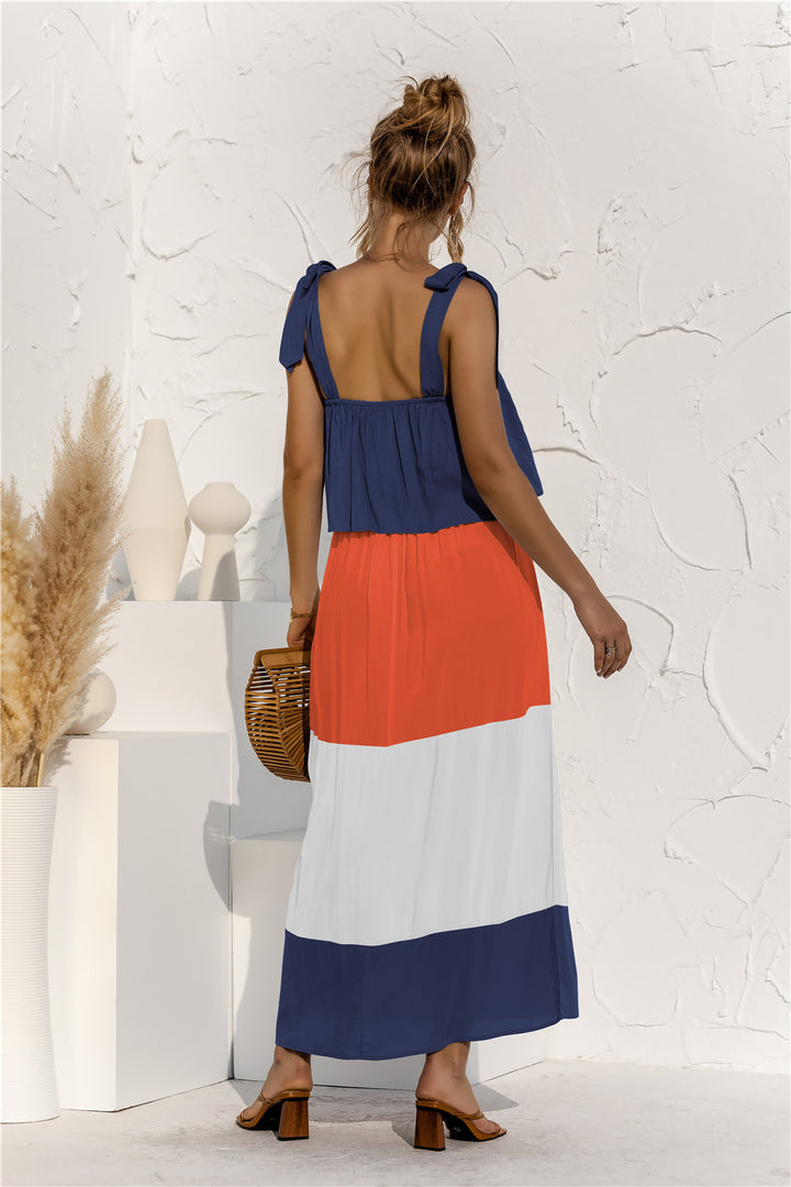PRE-ORDER Color Block Tie Shoulder Tiered Sleeveless Dress - Cheeky Chic Boutique