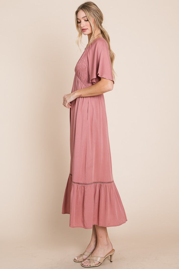 HEYSON Full Size Smocked Pocket Midi Dress in Rouge Pink - Cheeky Chic Boutique