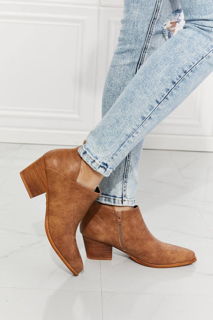 MMShoes Trust Yourself Embroidered Crossover Cowboy Bootie in Caramel - Cheeky Chic Boutique