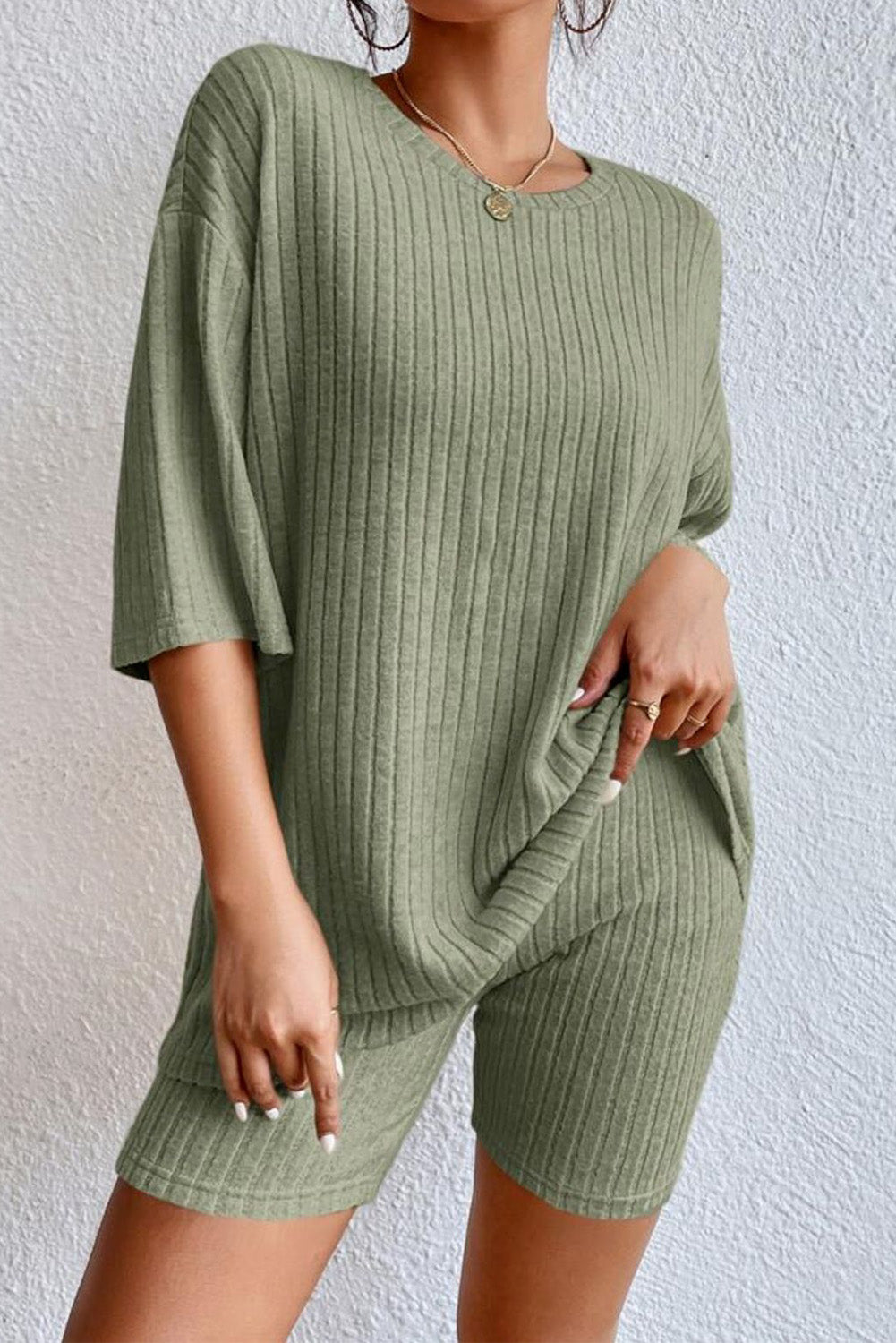 Round Neck Ribbed Top and Shorts Lounge Set - Cheeky Chic Boutique