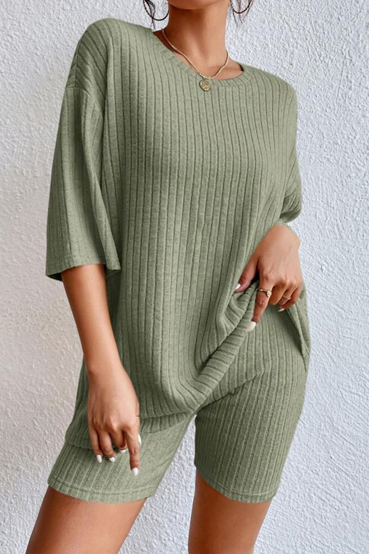 Round Neck Ribbed Top and Shorts Lounge Set - Cheeky Chic Boutique
