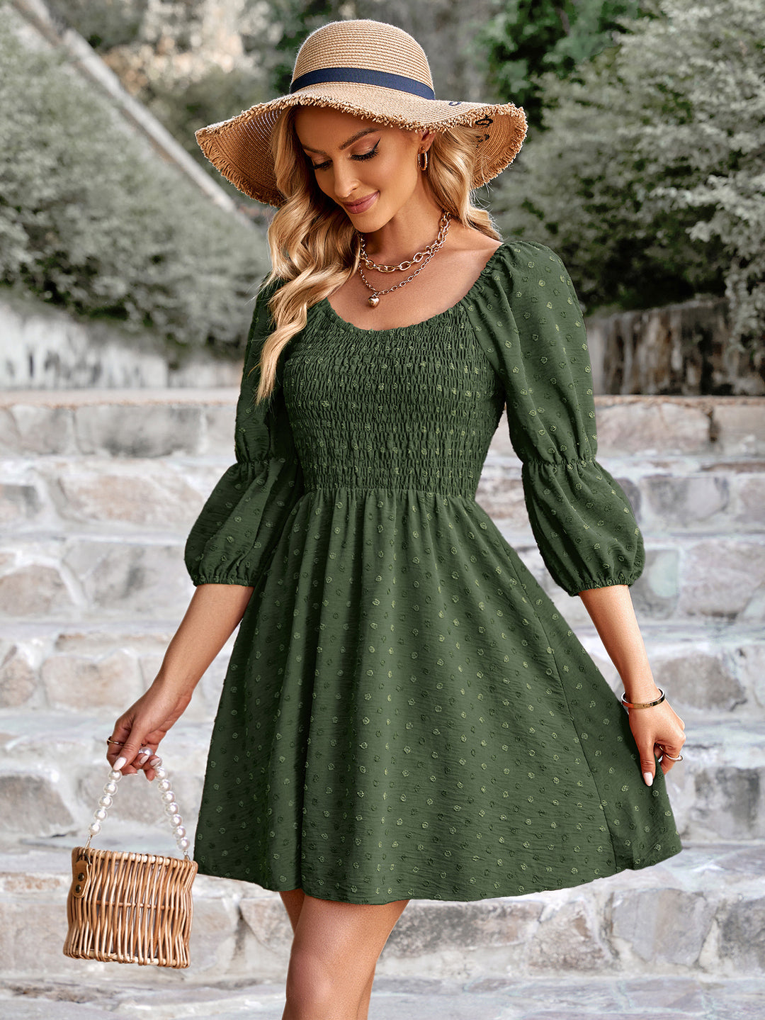 Swiss Dot Smocked Scoop Neck Dress - Cheeky Chic Boutique
