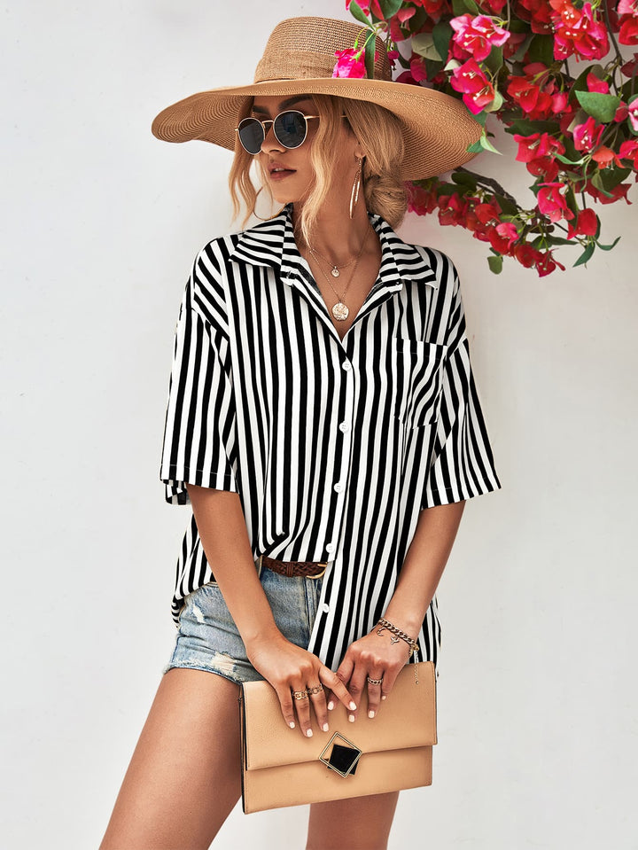 Striped Dropped Shoulder Half Sleeve Shirt - Cheeky Chic Boutique
