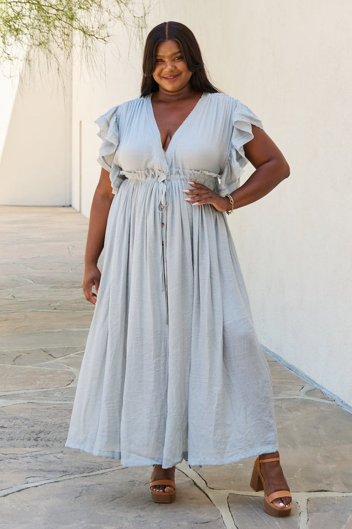Sweet Lovely By Jen Full Size Drawstring Deep V Butterfly Sleeve Maxi Dress - Cheeky Chic Boutique