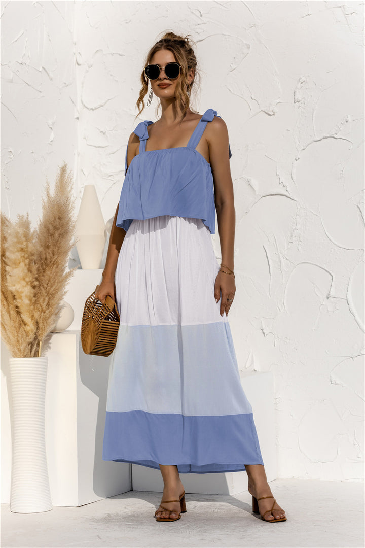 PRE-ORDER Color Block Tie Shoulder Tiered Sleeveless Dress - Cheeky Chic Boutique