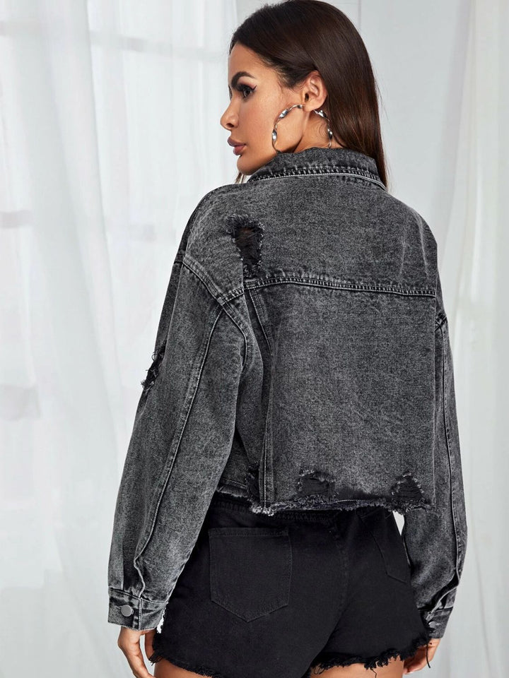 Dropped Shoulder Collared Neck Denim Jacket - Cheeky Chic Boutique