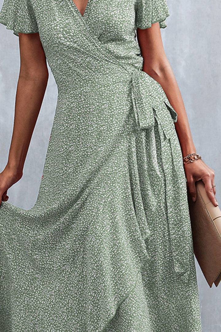 Floral Surplice Neck Tied Midi Dress - Cheeky Chic Boutique