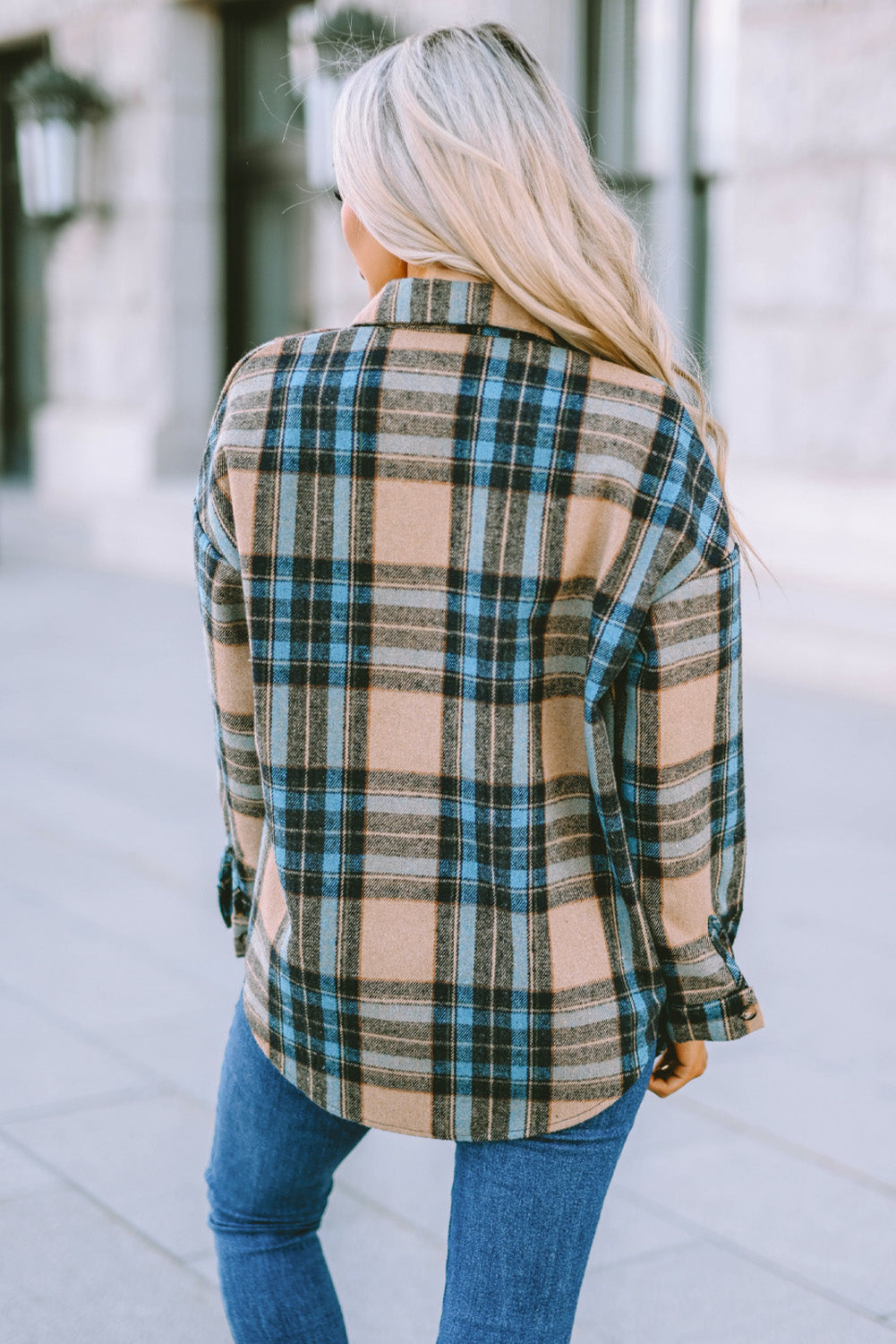 Plaid Curved Hem Shirt Jacket with Breast Pockets - Cheeky Chic Boutique