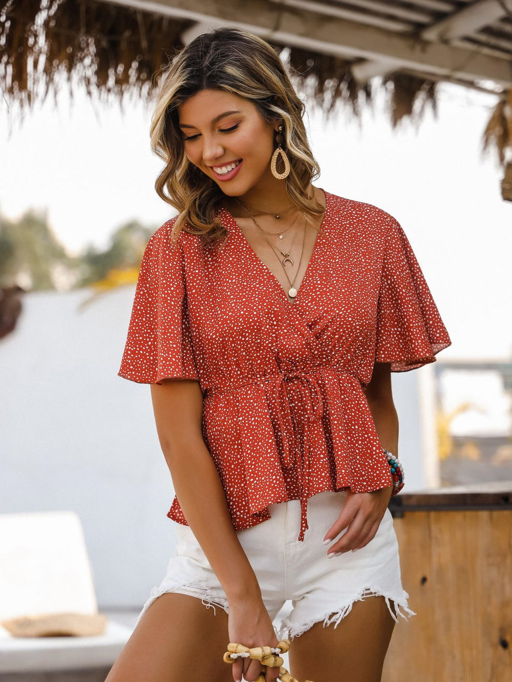 Printed Tied Flutter Sleeve Babydoll Blouse - Cheeky Chic Boutique
