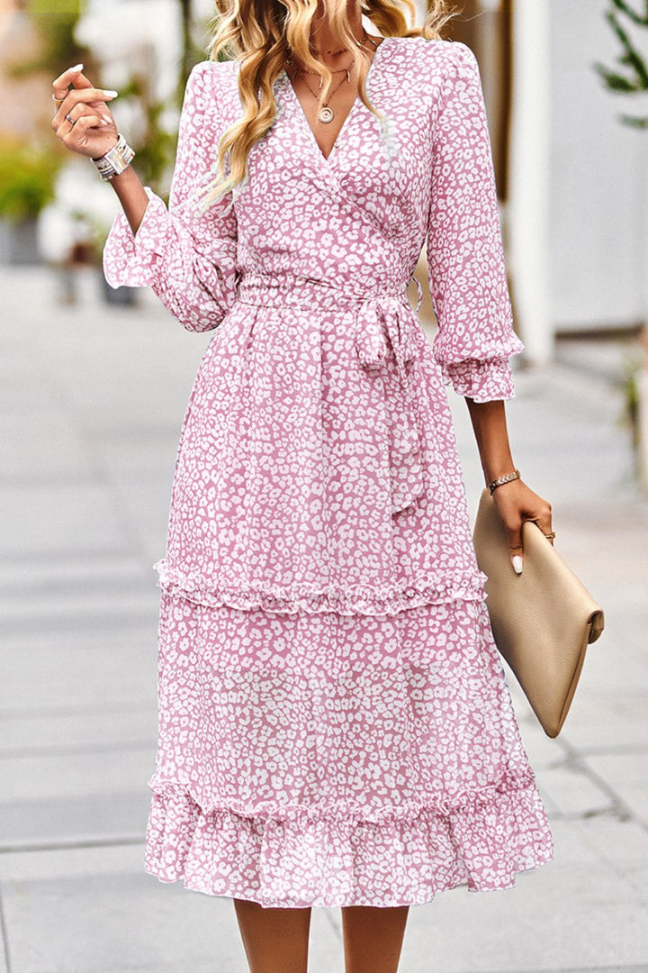 PRE-ORDER Leopard Surplice Tie Belt Slit Dress - Cheeky Chic Boutique