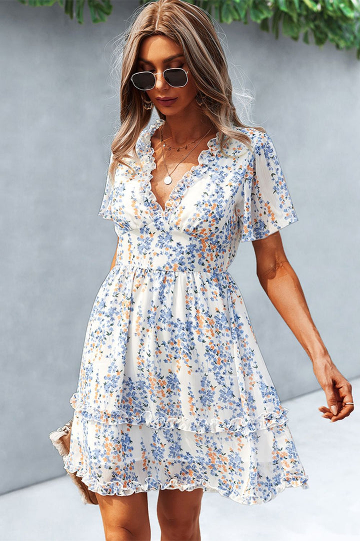Printed Flutter Sleeve V-Neck Dress - Cheeky Chic Boutique
