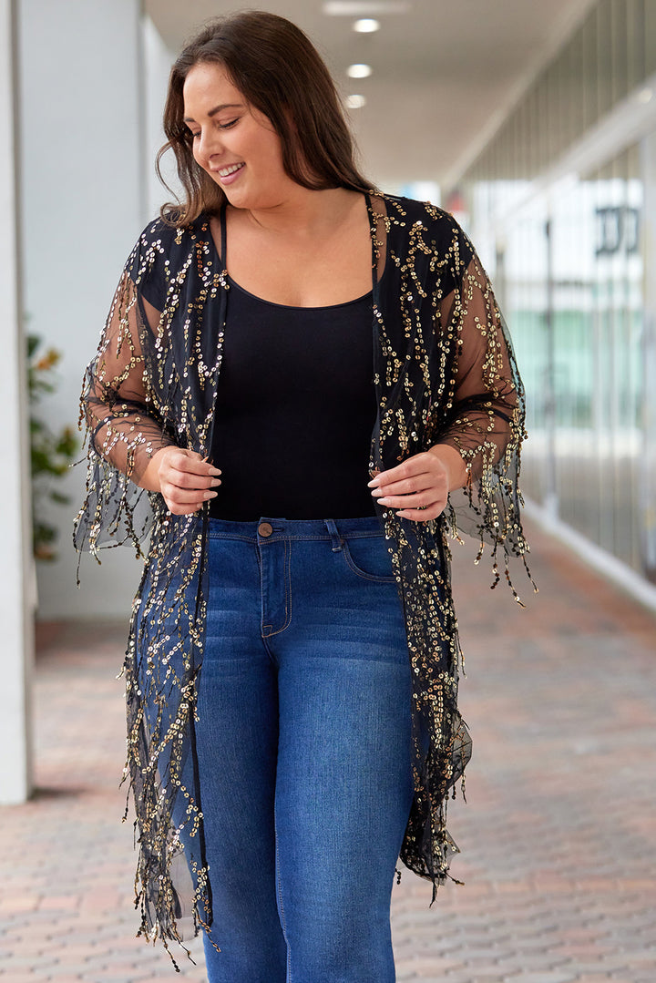 Plus Size Contrast Sequin Sheer Mesh Cardigan - Cheeky Chic Boutique