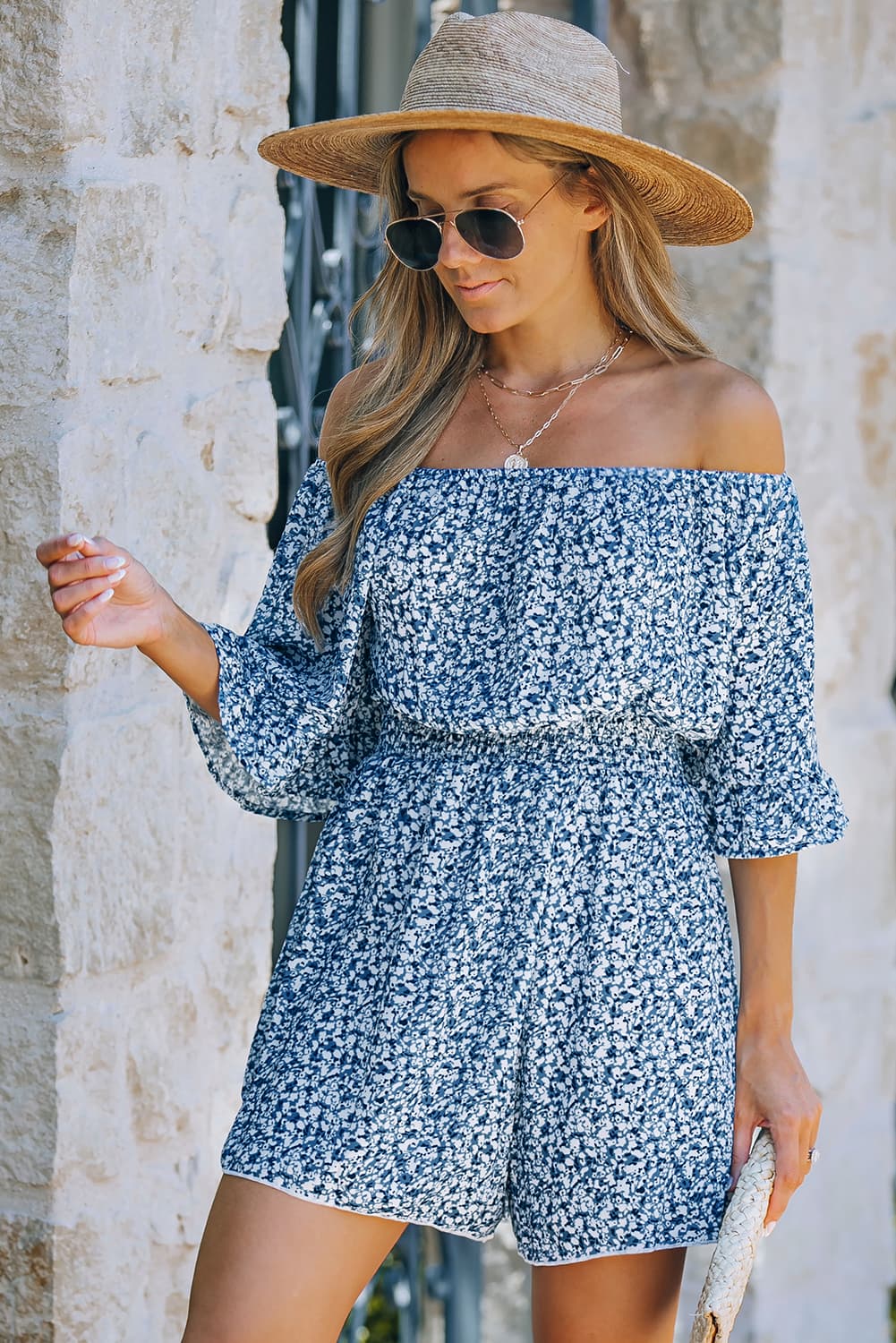 Printed Flounce Sleeve Off-Shoulder Romper - Cheeky Chic Boutique