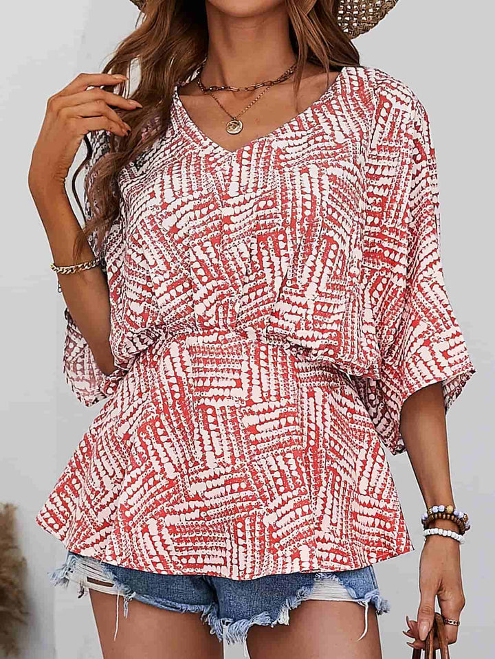 Printed V-Neck Dolman Sleeve Blouse - Cheeky Chic Boutique