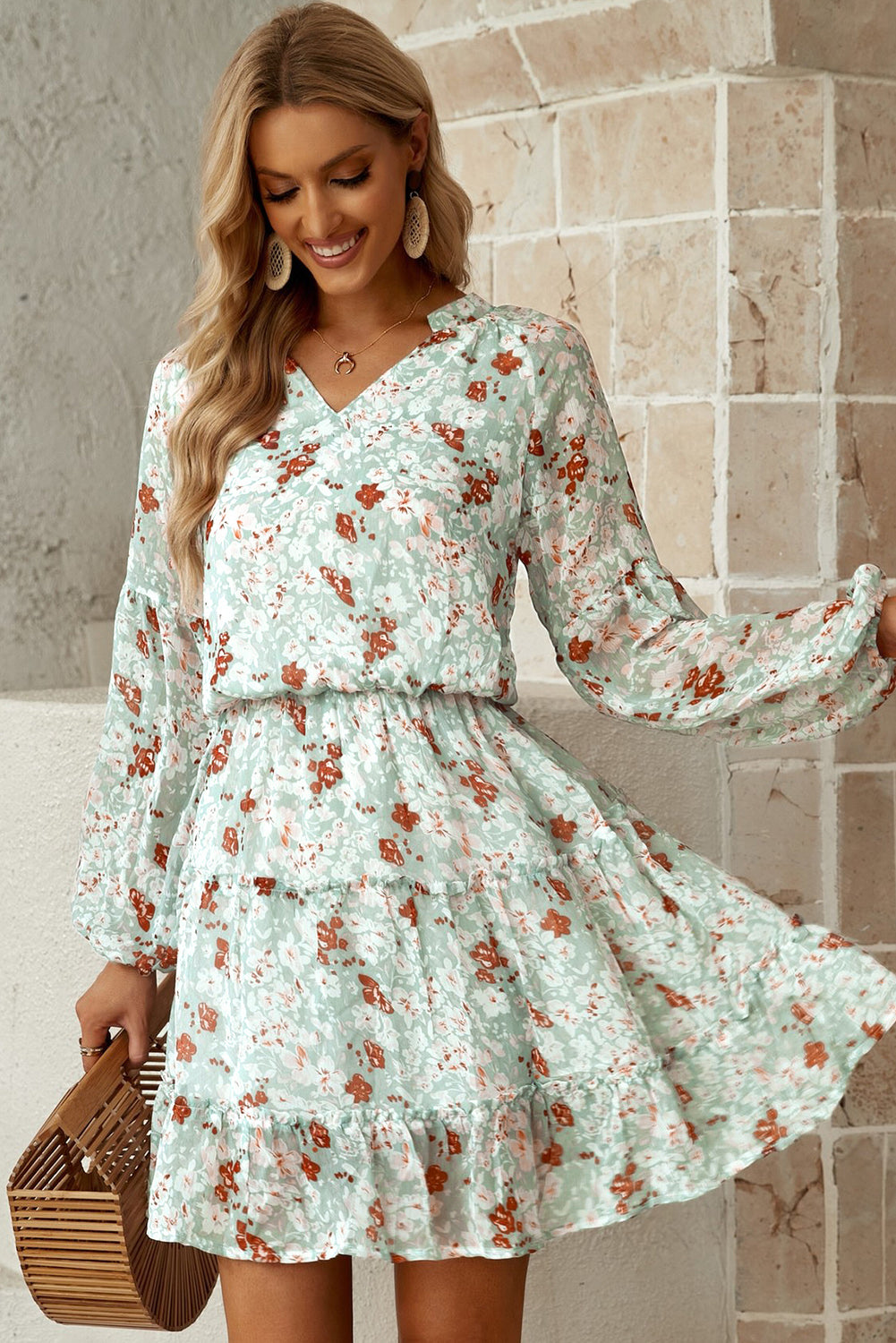 Floral Frill Trim Puff Sleeve Notched Neck Dress - Cheeky Chic Boutique