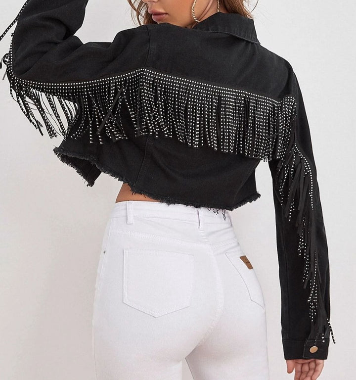 Fringe Detail Collared Neck Cropped Denim Jacket - Cheeky Chic Boutique