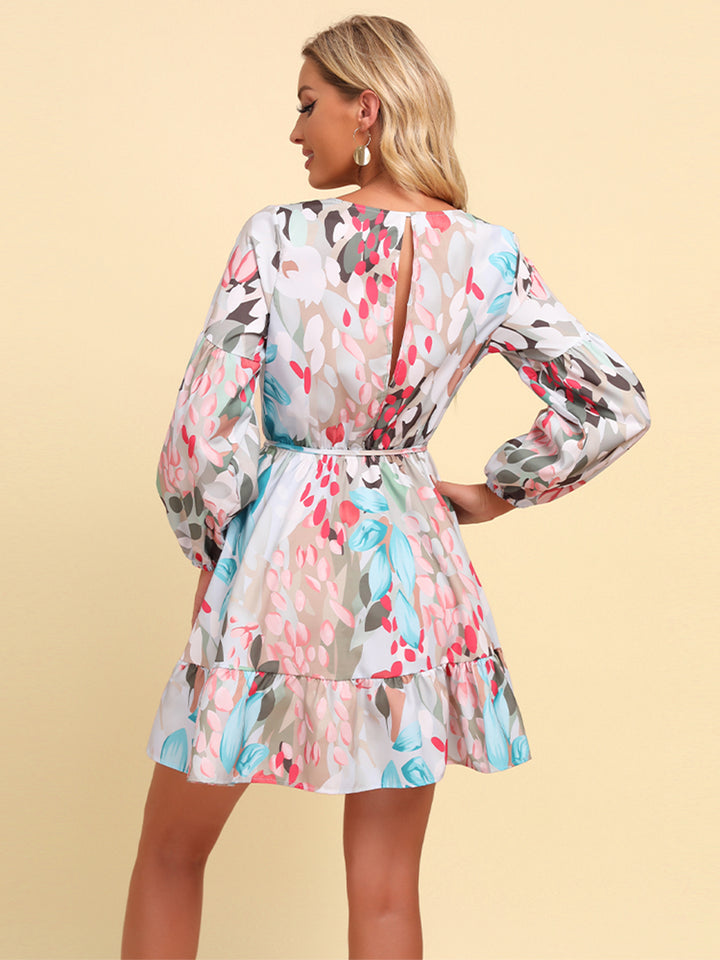 PRE-ORDER Full Size Printed Tie-Waist Puff Sleeve Surplice Dress - Cheeky Chic Boutique