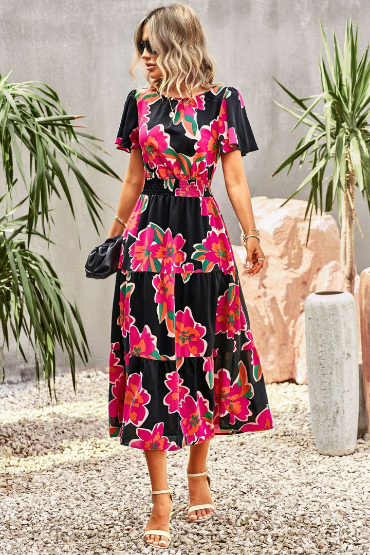 Floral Puff Sleeve Tiered Midi Dress - Cheeky Chic Boutique