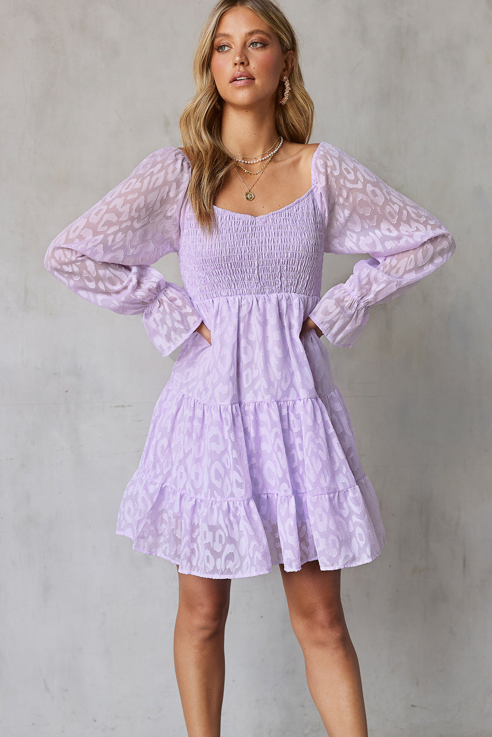 PRE-ORDER Leopard Applique Flounce Sleeve Smocked Tiered Dress - Cheeky Chic Boutique