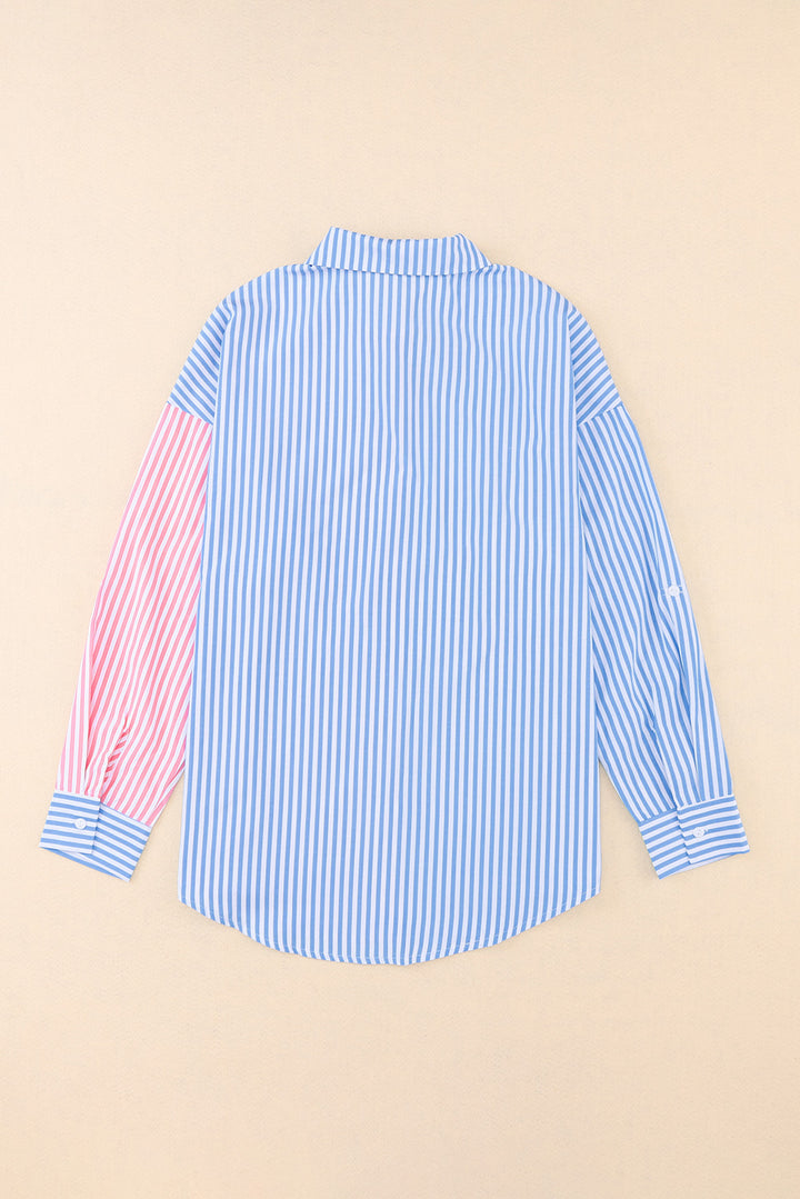 Striped Two-Tone Long Sleeve Shirt with Pocket - Cheeky Chic Boutique