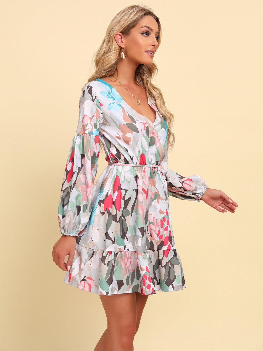PRE-ORDER Full Size Printed Tie-Waist Puff Sleeve Surplice Dress - Cheeky Chic Boutique