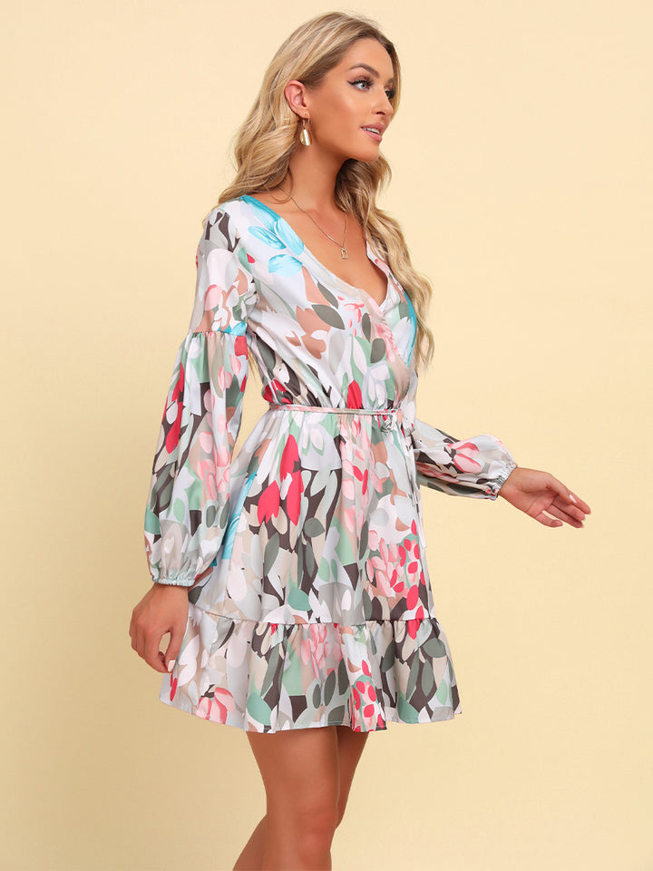 PRE-ORDER Full Size Printed Tie-Waist Puff Sleeve Surplice Dress - Cheeky Chic Boutique