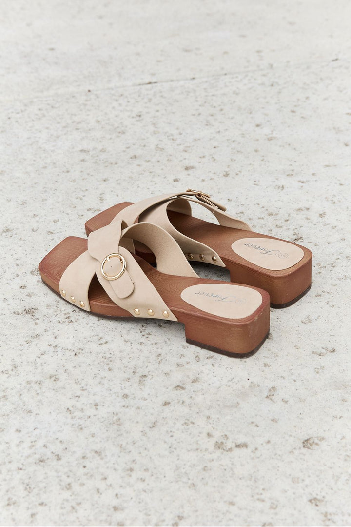 Forever Link Square Toe Cross Strap Buckle Clog Sandal in Sand - Cheeky Chic Boutique