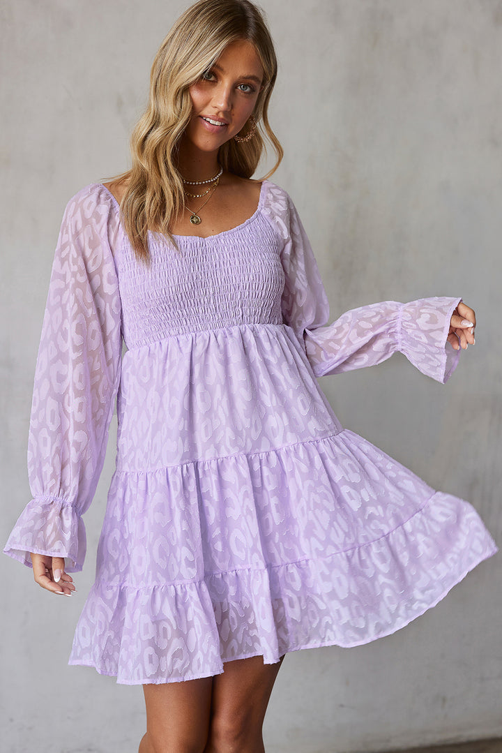 PRE-ORDER Leopard Applique Flounce Sleeve Smocked Tiered Dress - Cheeky Chic Boutique