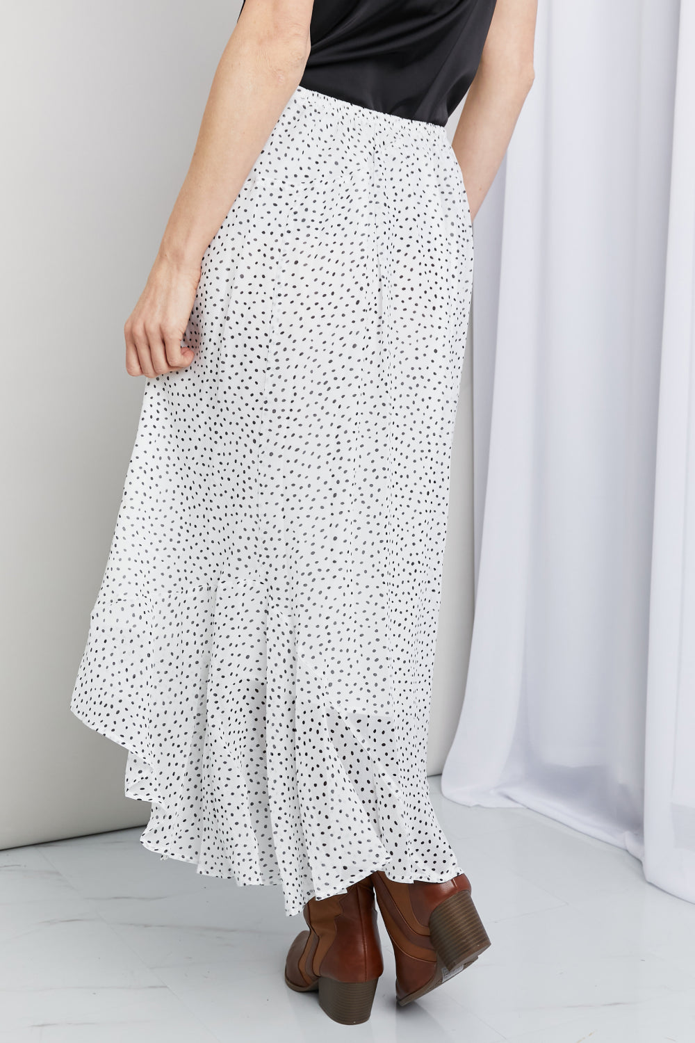 Zenana Polka Dot Ruffle Hem Midi Skirt in Ivory/Black - Cheeky Chic Boutique
