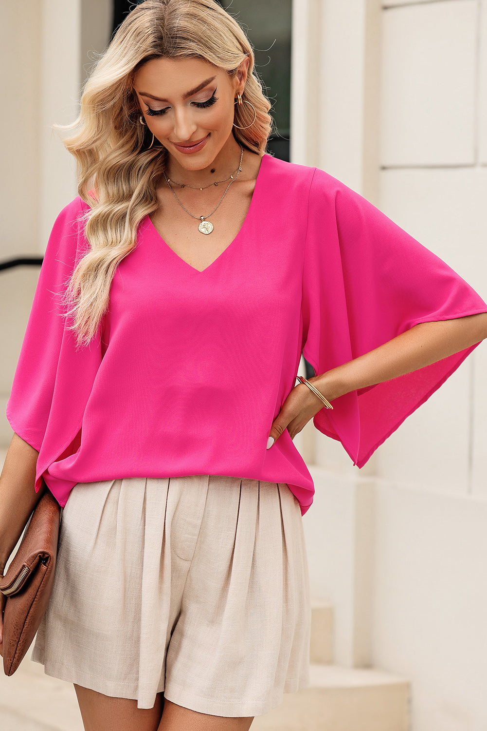 V-Neck Cloak Sleeve Blouse - Cheeky Chic Boutique