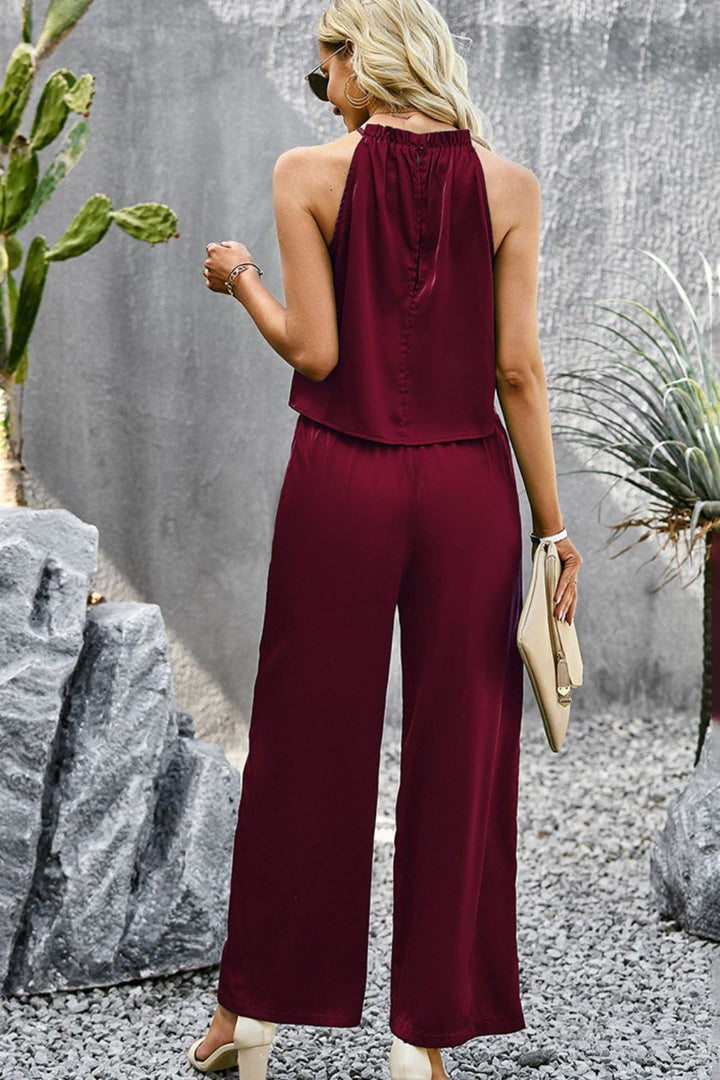 Grecian Neck Sleeveless Pocketed Top and Pants Set - Cheeky Chic Boutique