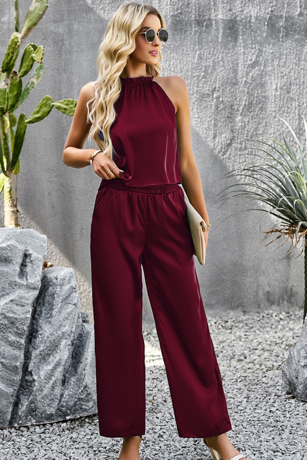 Grecian Neck Sleeveless Pocketed Top and Pants Set - Cheeky Chic Boutique