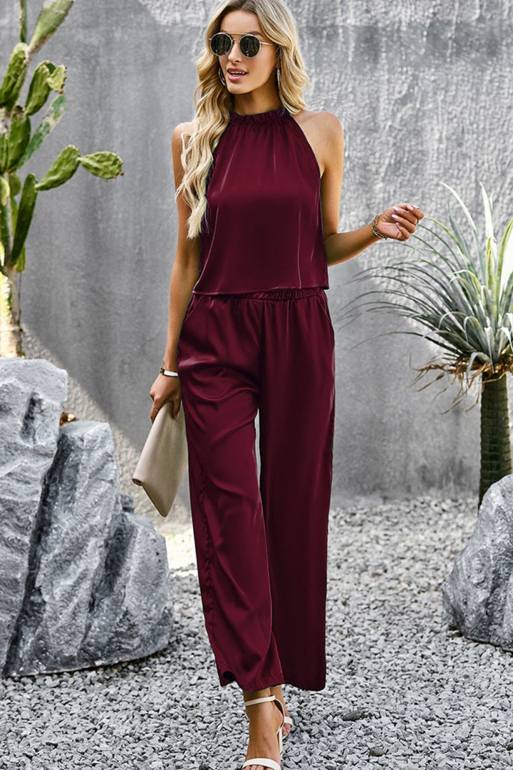 Grecian Neck Sleeveless Pocketed Top and Pants Set - Cheeky Chic Boutique