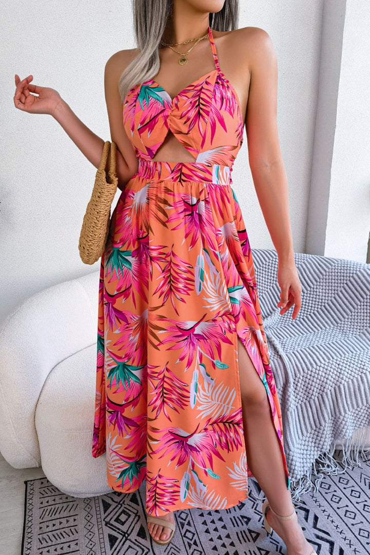 PRE-ORDER Botanical Print Tied Backless Cutout Slit Dress - Cheeky Chic Boutique