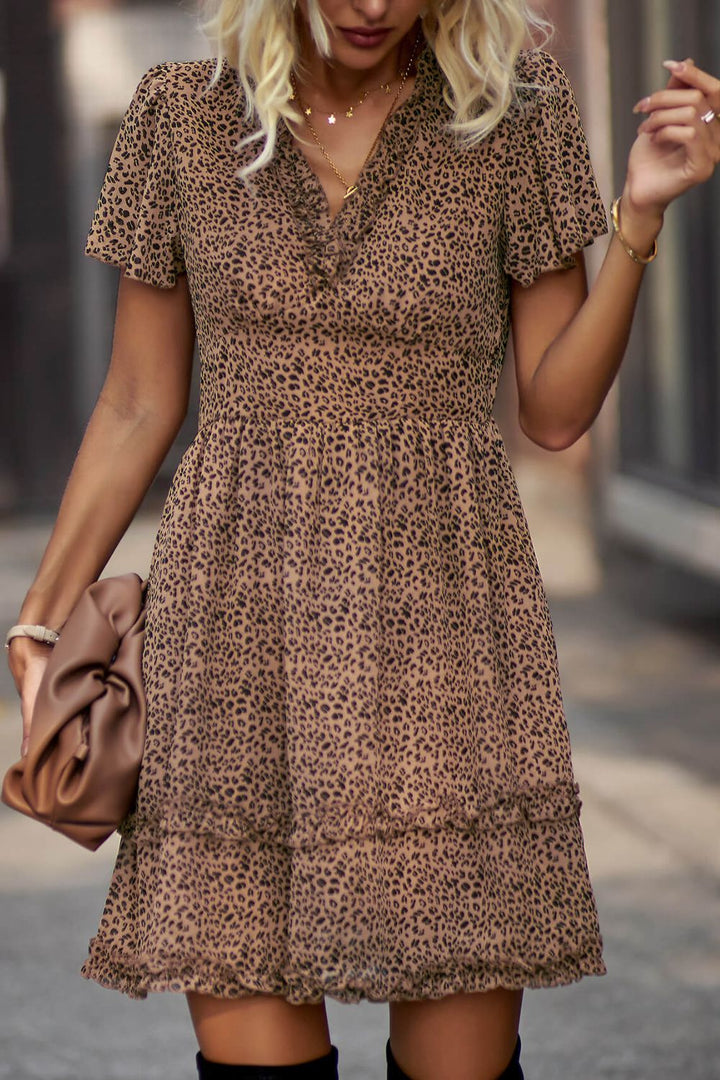 Printed Flutter Sleeve V-Neck Dress - Cheeky Chic Boutique